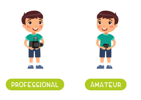 PROFESSIONAL and AMATEUR antonyms word card vector template. Flashcard for english language learning. Opposites concept. Boy with a professional camera and an amateur camera.のイラスト素材
