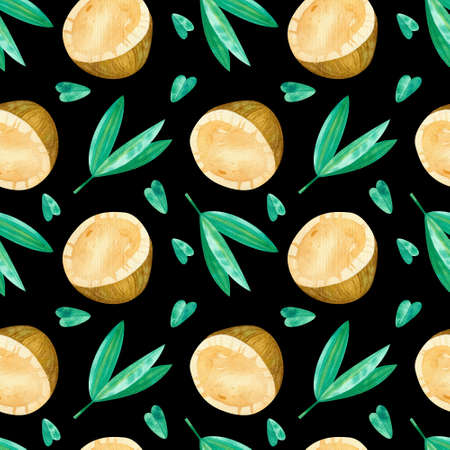 Coconuts and green leaves drawings seamless pattern. Summer tropical fruits and leaves hand drawn texture on dark background. Watercolor creative wallpaper, wrapping paper, textile design, scrapbooking, digital paper.の写真素材