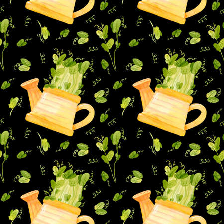 Cute yellow watering can with seedlings of pea. Bright spring crops. Fresh microgreens, cress salad. Garden season. Hand drawn watercolor seamless pattern. Wallpaper, wrapping paper design, textile, scrapbooking, digital paper.の写真素材