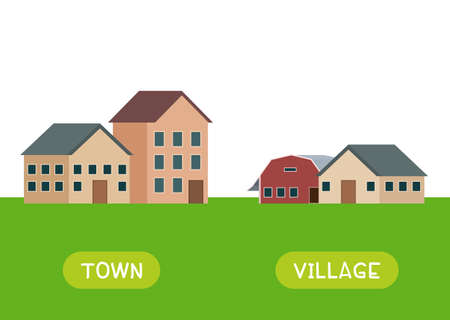 TOWN and VILLAGE antonyms word card vector template. Flashcard for english language learning. Opposites concept. Town houses and country buildings.のイラスト素材