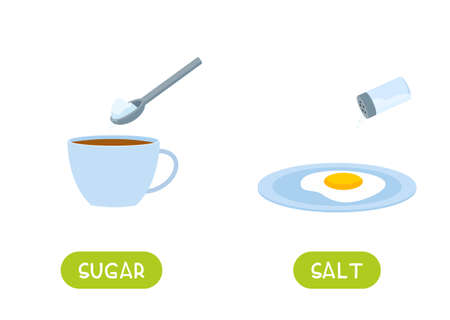 SUGAR and SALT antonyms word card vector template. Flashcard for english language learning. Opposites concept. Adding sugar to tea, adding salt to scrambled eggs.のイラスト素材
