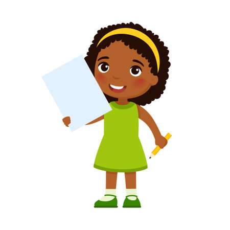 Little smiling girl holding empty paper sheet flat vector illustration. Cute schoolgirl with blank poster and pencil in hands isolated on white background. Dark skin child with notepad page mock upのイラスト素材
