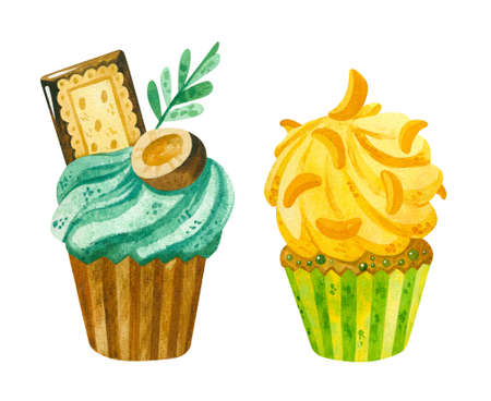 Cupcakes hand drawn illustrations set. Sweet-stuff, confection hand drawn illustrations horizontal background. Cartoon sweets and yummies collection isolated on white backgroundの写真素材