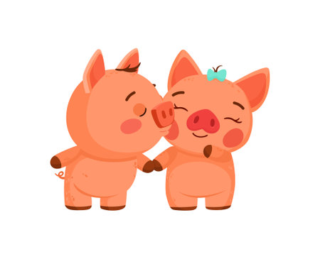 Valentine's day clipart. Cute piggy kisses a girlfriend. Declaration of love, first love. Vector printable illustration with cartoon charactersのイラスト素材