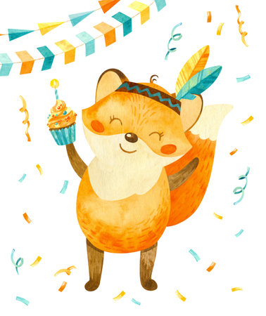 Happy fox cub with Indian feathers and with a cake in his hand. Cute holiday character, watercolor illustration for baby birthday card or poster.の写真素材