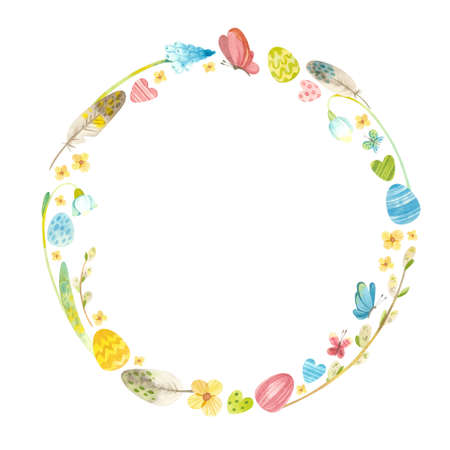 Spring wreath with Easter eggs, pussy willow, feathers and flowers. Easter themed template for postcards, posters, banners. Watercolor clipart on white backgroundの写真素材