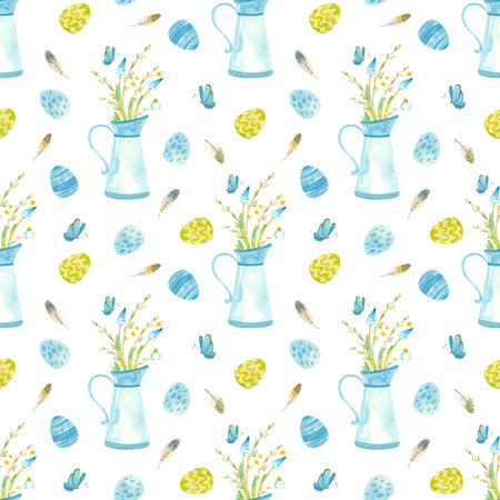 Easter seamless pattern. Template Blue jug with spring flowers, pussy willow and butterflies....