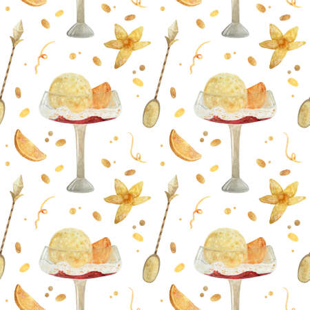 Seamless pattern - watercolor Ice Cream with orange and with physalis on a white background. Product clipart. Premium dessert food, hand drawn illustration.の写真素材