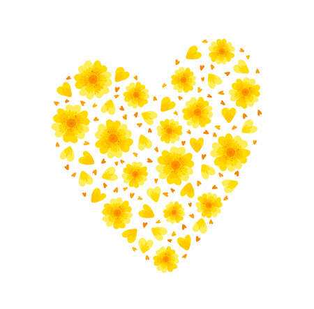 Yellow floral heart. Spring flowers blossoms and petals on white background. Floral elementsのイラスト素材