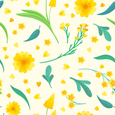 Yellow flowers and leaves seamless pattern. Blossoms floral decorative backdrop. Blooming spring plants. Vintage textile, fabric, wallpaper design on a beige backgroundのイラスト素材