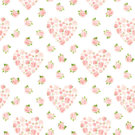 Pink roses hearts, seamless pattern. Flowers, buds and rose petals. Floral romantic background in vintage style for Valentines Day or wedding. Watercolor clipart.の写真素材