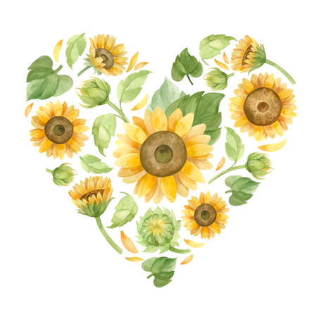 Heart with sunflowers. Template for a wedding invitation. Romantic watercolor clipart.の写真素材