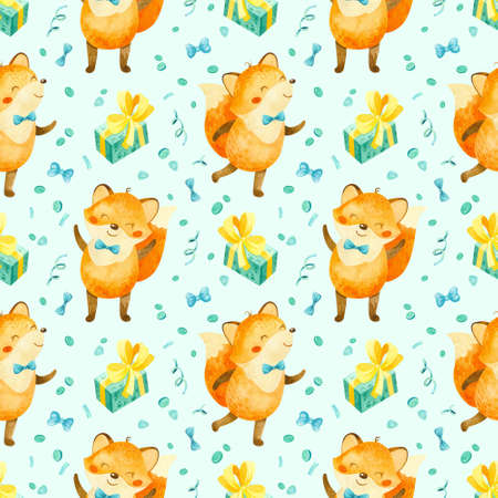 Seamless pattern with happy fox cub with cupcakes, gifts and other birthday elements. Cute watercolor clipart for children's party decoration, baby showers. Seamless backdrop on light blue backgroundの写真素材