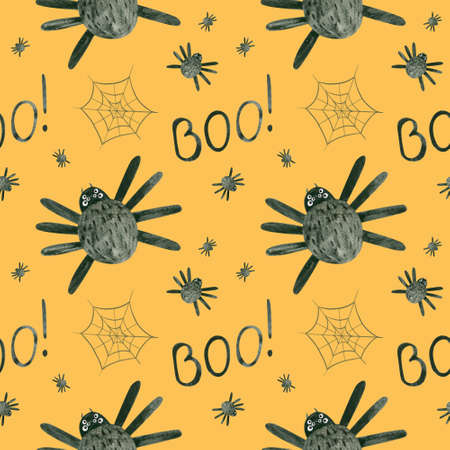 Halloween seamless pattern with spiders and cobwebs. Spooky digital scrapbooking paper on orange background.の写真素材