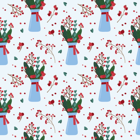 Christmas seamless pattern with winter plants in a vase. Traditional winter season botanic decor. ...