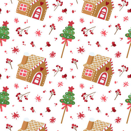 Christmas seamless pattern with gingerbread houses. Traditional holiday food.  Digital paper on white backgroundのイラスト素材