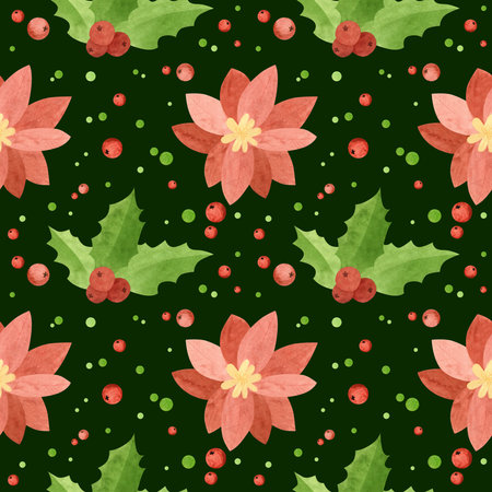 Christmas seamless pattern with poinsettia flowers and holly leaves. Holiday digital paper on a dark...