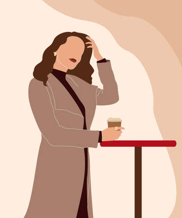 Young woman in a coat and with a paper cup of coffee in her hand. Trendy minimalist poster, Modern abstract vector illustrationのイラスト素材