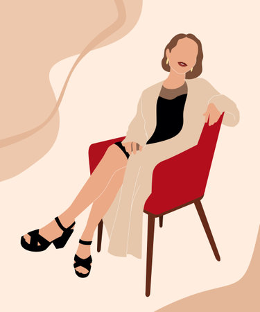 Glamour young woman in a black dress sits in a red armchair. Trendy minimalist poster, Modern abstract vector illustrationのイラスト素材