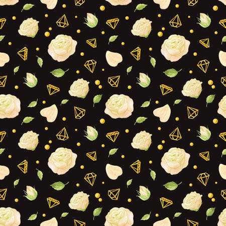 Seamless pattern with white rose flowers and petals, gold stars and diamands. Watercolor clipart on dark backgroundの写真素材