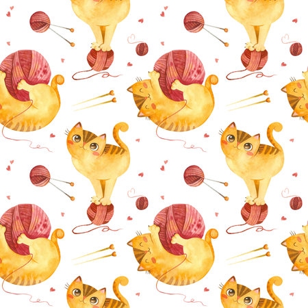 Seamless pattern with cute cat playing with yarn balls. Adorable playful kitten characters. Watercolor illustrations on white background.の写真素材