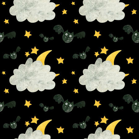 Halloween seamless pattern with cute bat and moon behind the clouds. Spooky digital scrapbooking paper on black background.の写真素材
