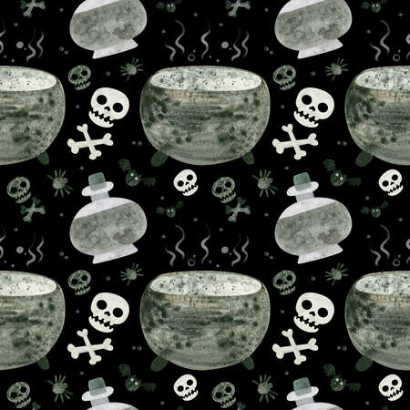Halloween seamless pattern with skulls, cauldron and witch potions. Spooky digital scrapbooking paper on black backgroundの写真素材