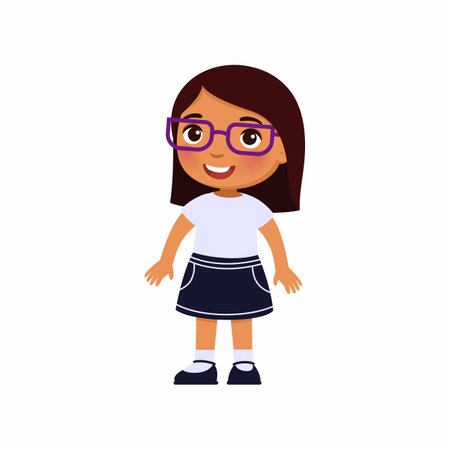 Cute little girl in smiles affably. Dark skin schoolgirl in school uniform. Illustration of a happy pupil kid.のイラスト素材