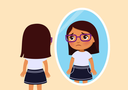Upset little girl in glasses looks at herself in the mirror. Dark skin  pupil girl. Illustration of childhood depression.のイラスト素材