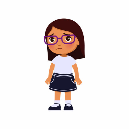 Cute little girl is upset. Dark skin schoolgirl in school uniform. Illustration of an unhappy pupil kid.のイラスト素材