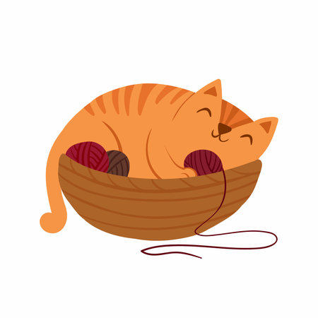Adorable kitten sleeping in bascket with yarn balls. Cute kitten character. Vector illustration.のイラスト素材