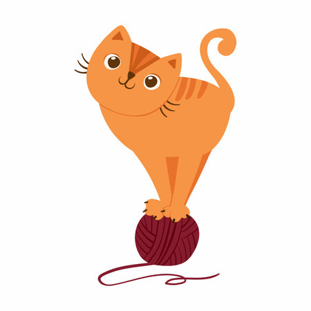 Cat playing with yarn ball. Cute playful kitten character. Cozy postcard. Mascot of Goods for pets. Vector illustration.のイラスト素材
