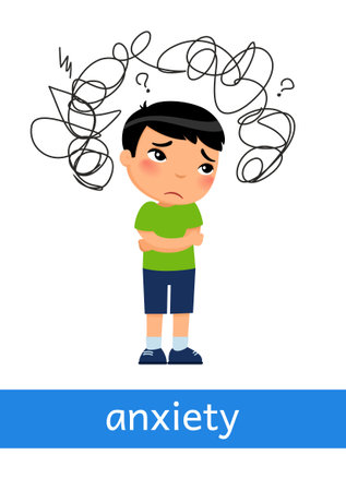 Anxiety - concept of emotion. Sad and confused Asian boy. Learning English language. Children psychology. Cute cartoon characterのイラスト素材