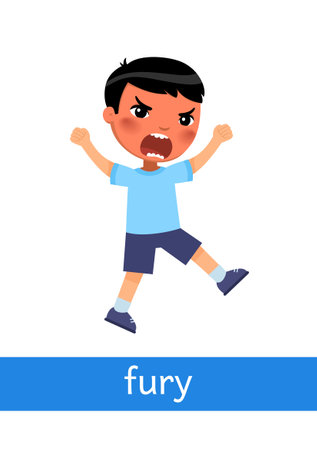 Fury  - concept of emotion. Little boy with strong anger expression.
Learning English language. Children psychology. Cartoon character illustrationのイラスト素材
