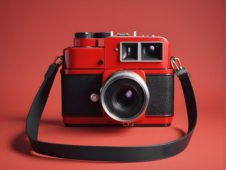 Retro camera with black leather strap on red background. 3d renderingの写真素材