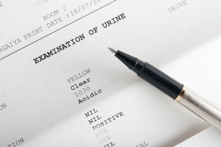 Closeup of urine medical report details.