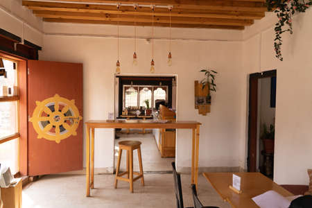 Beautiful wooden architecture interior of a cafe at Bhutan.のeditorial素材