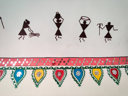 Closeup of tradition Rajasthani art on white wall.の写真素材