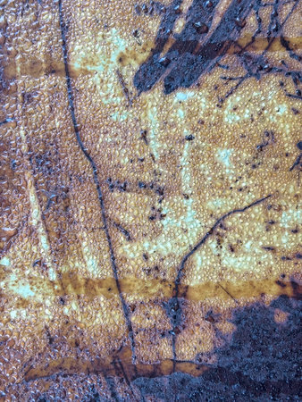Closeup rusted grunge metal surface with white yellow paint