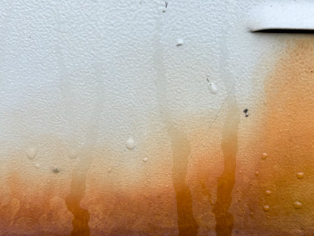 Closeup rusted grunge metal surface with white yellow paintの写真素材