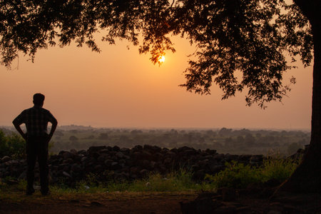 A man stands in front of a tree, looking out at the horizon. The sky is a beautiful orange color,...