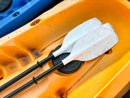 Two paddles are in a yellow kayak. The paddles are white and black
