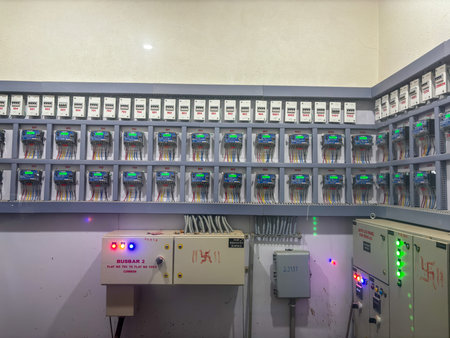A wall of electrical boxes with a green light on the top left. The boxes are numbered from 1 to 15