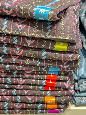 A stack of clothing with tags on them, some of which are labeled M and S. The clothing is displayed...
