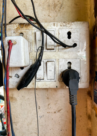 A dirty unsafe white wall with a black wire sticking out of it