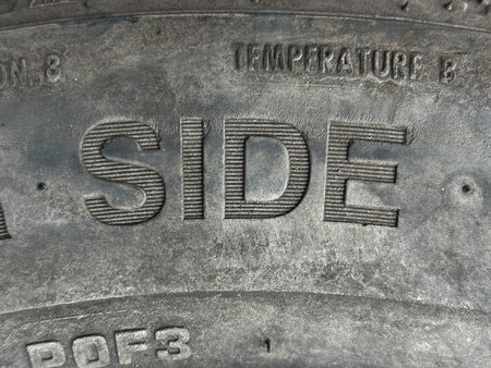 Closeup of text SIDE on a old tyre with texture and patterns.
