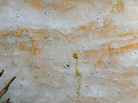 A wall with a brown stain on it. The stain is in the shape of a tree. The wall is made of concrete