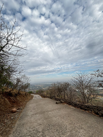 A man is running on a path in the woods. The sky is cloudy and the trees are bare. Ralamandal,...