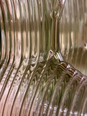 A glass bowl with a green stripe. The bowl is made of glass and has a wood surface underneath itの写真素材