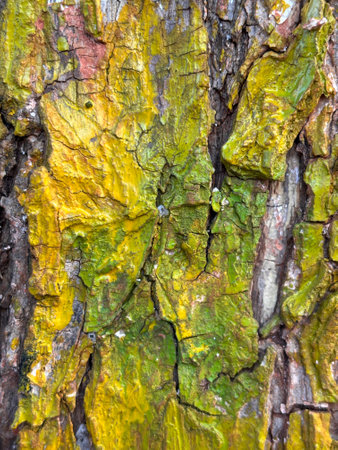 The bark of a tree is covered in green and yellow moss. The yellow and green colors create a contrast that makes the bark stand out. The moss also adds a sense of age and history to the treeの写真素材
